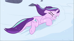 Size: 1669x939 | Tagged: safe, screencap, starlight glimmer, pony, unicorn, the ending of the end, cropped, eyes closed, female, floppy ears, knocked out, lying down, mare, snow, solo, windswept mane