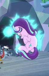 Size: 562x860 | Tagged: safe, screencap, discord, starlight glimmer, draconequus, pony, unicorn, the ending of the end, cropped, eyes closed, female, floating, glowing horn, horn, magic, magic aura, mare, offscreen character, solo focus