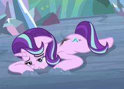 Size: 1043x753 | Tagged: safe, screencap, starlight glimmer, pony, unicorn, the ending of the end, cropped, dirt, faceplant, female, floppy ears, injured, lying down, mare, scrunchy face, solo