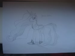 Size: 2760x2070 | Tagged: safe, artist:yateworldorder, derpibooru exclusive, princess celestia, alicorn, pony, monochrome, pencil, photo, solo, traditional art