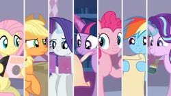 Size: 1920x1080 | Tagged: safe, artist:agrol, applejack, fluttershy, pinkie pie, rainbow dash, rarity, starlight glimmer, twilight sparkle, twilight sparkle (alicorn), alicorn, earth pony, pegasus, pony, unicorn, happy birthday mlp:fim, magic, mane six, mlp fim's ninth anniversary, record, scroll