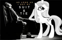 Size: 682x433 | Tagged: safe, derpibooru import, fleur-de-lis, unicorn, better than bieber, black and white, eyeshadow, grayscale, justin timberlake, makeup, monochrome, ponified, rubbing mane, suit & tie, thin