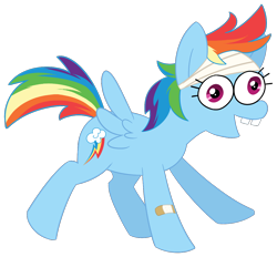 Size: 1232x1144 | Tagged: safe, artist:skippyrip, derpibooru import, rainbow dash, pegasus, pony, bandage, bandaid, derp, female, mare, open mouth, rainbow crash, simple background, smiling, solo, spread wings, teeth, transparent background, wide eyes, wings