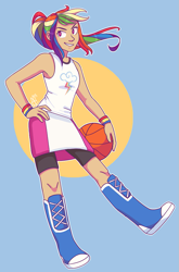 Size: 749x1134 | Tagged: safe, artist:skippyrip, derpibooru import, rainbow dash, human, abstract background, ball, basketball, boots, clothes, color outline, compression shorts, cute, cutie mark, cutie mark on clothes, female, hand on hip, humanized, ponytail, shirt, shoes, shorts, skirt, solo, sports, tan skin, tanktop, vulgar description, wristband