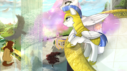 Size: 1920x1080 | Tagged: dead source, safe, artist:shellydreams, princess celestia, oc, alicorn, pony, canterlot, pink mane, pink-mane celestia, royal guard, waterfall