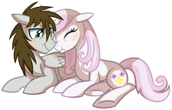 Size: 1772x1131 | Tagged: safe, artist:pepooni, derpibooru import, fleur-de-lis, oc, blushing, canon x oc, cloud shot, cuddling, female, male, scrunchy face, shipping, snuggling, straight