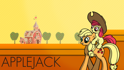 Size: 1920x1080 | Tagged: safe, artist:kevinshell12, artist:mrkoendb, apple bloom, applejack, earth pony, pony, hat, hat swap, ponies riding ponies, riding, sweet apple acres, wallpaper