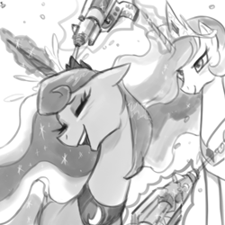 Size: 731x731 | Tagged: safe, artist:ehfa, princess celestia, princess luna, alicorn, pony, duo, eyes closed, female, grayscale, laughing, mare, monochrome, simple background, sisters, water pistol, white background