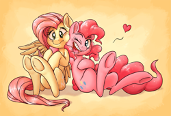 Size: 2355x1600 | Tagged: safe, artist:raunchyopposition, fluttershy, pinkie pie, earth pony, pegasus, pony, armpits, blushing, cheek squish, cute, duo, floating heart, heart, hug, open mouth, rubbing, scrunchy face, sitting, smiling, squishy cheeks, underhoof, wink