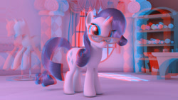 Size: 1280x720 | Tagged: safe, artist:ig-64, rarity, pony, unicorn, 3d, anaglyph 3d, carousel boutique, cg, glasses, mannequin, pincushion, ponyquin, render, solo, spool, thread