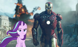 Size: 1360x816 | Tagged: safe, edit, editor:secrettitan, starlight glimmer, pony, unicorn, the ending of the end, badass, cool guys don't look at explosions, explosion, female, frown, iron man, lidded eyes, mare, starlight glimmer in places she shouldn't be, walking away from explosion, windswept mane