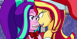 Size: 1260x634 | Tagged: safe, artist:jake heritagu, aria blaze, sunset shimmer, comic:aria's archives, series:sciset diary, equestria girls, candy, candy cane, christmas, clothes, female, food, hat, holiday, lesbian, santa hat, shipping, sunblaze