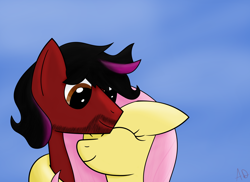 Size: 2750x2000 | Tagged: safe, artist:yuradhear, fluttershy, oc, oc:high roller, pegasus, pony, canon x oc, female, hug, male, shipping, simple background, snuggling, straight