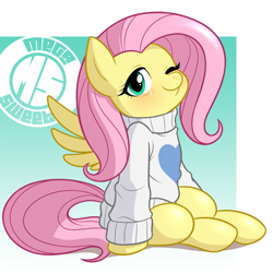 Size: 1271x1271 | Tagged: safe, artist:megasweet, fluttershy, pegasus, pony, blushing, clothes, cute, female, mare, one eye closed, shyabetes, sitting, smiling, solo, sweater, sweatershy, wink
