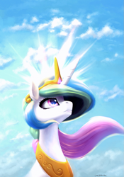 Size: 785x1123 | Tagged: safe, artist:oneofyouare, princess celestia, alicorn, pony, bust, cloud, crepuscular rays, female, majestic, mare, portrait, sky, solo, sun