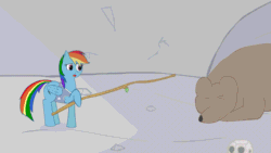 Size: 1280x720 | Tagged: safe, artist:fimflamfilosophy, derpibooru import, rainbow dash, bear, pegasus, pony, mentally advanced series, winter wrap up, animated, poking, skull, stick, this will end in death