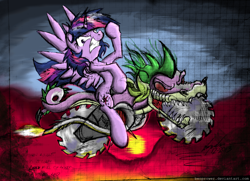 Size: 1660x1200 | Tagged: safe, artist:flutterthrash, derpibooru import, spike, twilight sparkle, twilight sparkle (alicorn), alicorn, dragon, pony, all bottled up, album cover, female, judas priest, mare, metal, painkiller, parody, ponified, ponified album cover