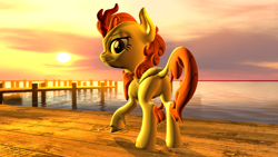 Size: 1920x1080 | Tagged: safe, artist:alicorntwilysparkle, autumn blaze, kirin, 3d, butt, female, looking back, pier, plot, source filmmaker, sunset