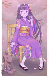 Size: 716x1100 | Tagged: safe, artist:ryo-tele, derpibooru import, smarty pants, twilight sparkle, anthro, ambiguous facial structure, chair, geta, kimono (clothing), pixiv, solo