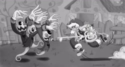 Size: 4854x2598 | Tagged: safe, artist:thedodobirdsong, applejack, human, crossover, grayscale, heartless, humanized, key of honesty, keyblade, kingdom hearts, monochrome