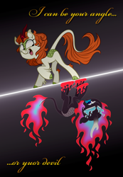 Size: 1280x1853 | Tagged: safe, artist:amazingbutterfingers, artist:butterfingersart, autumn blaze, kirin, nirik, sounds of silence, duality, female, gradient background, mare, meme, misspelling, open mouth, ponified meme, raised hoof, reflection, solo, text