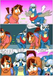 Size: 6271x8921 | Tagged: safe, artist:cactuscowboydan, oc, oc:air brakes, oc:nova reactor, earth pony, pegasus, pony, unicorn, comic:fusing the fusions, comic:the bastion of canterlot, booty inflation, canterlot, canterlot castle, cape, clothes, comic, commissioner:bigonionbean, conductor hat, conjoined, cutie mark fusion, dat ass was fat, dat butt, dialogue, fat ass, forced, fuse, fused, fusion, fusion:air brakes, fusion:nova reactor, glasses, goggles, gymnasium, hat, jiggle, magic, male, merge, merging, out of control magic, plot, potion, scarf, shirt, shocked, short tail, stallion, surprised, swelling, tail wag, talking to themself, thicc ass, thick, uniform, wide hips, wonderbolts, wonderbolts uniform, writer:bigonionbean