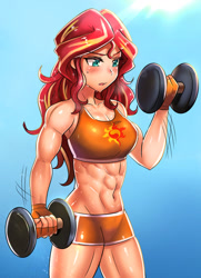Size: 600x829 | Tagged: safe, artist:tzc, sunset shimmer, human, equestria girls, abs, breasts, clothes, commission, crepuscular rays, dumbbell (object), female, fingerless gloves, gloves, humanized, muscles, solo, sports bra, sports shorts, sun, sunset lifter, sweat, weight lifting, weights, workout