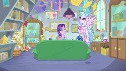 Size: 1920x1080 | Tagged: safe, screencap, silverstream, starlight glimmer, pony, unicorn, student counsel, book, bookshelf, geode, inkwell, kite, quill, scroll, sofa, starlight's office