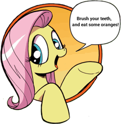 Size: 421x431 | Tagged: safe, fluttershy, pegasus, pony, bad advice fluttershy, blue eyes, dialogue, exploitable meme, female, mare, meme, open mouth, pink mane, raised hoof, raised leg, simple background, smiling, solo, speech bubble, talking to viewer, underhoof, yellow coat