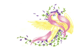 Size: 1280x841 | Tagged: safe, artist:flutterluv, fluttershy, pegasus, pony, flower, flying, solo, traditional art, windswept mane