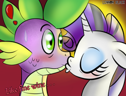 Size: 1300x1000 | Tagged: safe, artist:lennonblack, rarity, spike, dragon, pony, unicorn, fanfic:like fine wine, blushing, exclamation point, female, kissing, male, shipping, sparity, straight