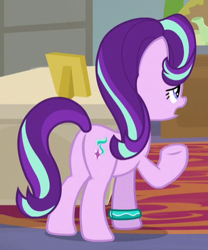 Size: 398x478 | Tagged: safe, screencap, starlight glimmer, pony, unicorn, student counsel, butt, cropped, female, mare, open mouth, plot, raised hoof, rear view, solo