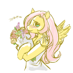 Size: 800x800 | Tagged: safe, artist:onikama, fluttershy, anthro, arm hooves, blushing, bouquet, clothes, dress, flower, japanese, solo