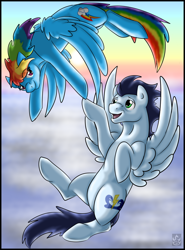 Size: 1024x1386 | Tagged: safe, artist:stormblaze-pegasus, derpibooru import, rainbow dash, soarin', pegasus, pony, female, flying, male, shipping, soarindash, straight