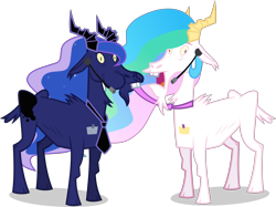 Size: 4989x3729 | Tagged: safe, artist:xebck, edit, princess celestia, princess luna, goat, absurd resolution, bucktooth, chewing, derp, freckles, goatee, goatified, goatlestia, lunagoat, necktie, recolor, simple background, species swap, transparent background, vector