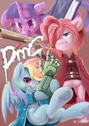 Size: 2480x3508 | Tagged: safe, artist:yunlongchen, derpibooru import, pinkie pie, rainbow dash, twilight sparkle, earth pony, pegasus, pony, amputee, clothes, crossover, dante (devil may cry), devil breaker, devil may cry, devil may cry 5, ivory (devil may cry), nero (devil may cry), prosthetic limb, prosthetics, v (devil may cry)