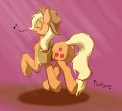 Size: 2200x2000 | Tagged: safe, artist:punk-pegasus, applejack, earth pony, pony, applebutt, dock, eyes closed, music notes, plot, saddle bag, solo, underhoof, walking, whistling