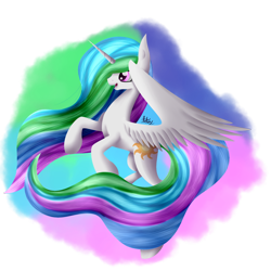 Size: 1024x1024 | Tagged: safe, artist:iamartsdesire, princess celestia, alicorn, pony, female, flying, horn, mare, multicolored mane, solo, white coat