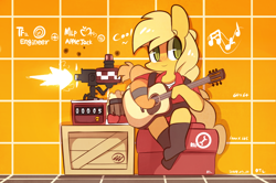 Size: 1000x665 | Tagged: safe, artist:php56, applejack, earth pony, pony, semi-anthro, bipedal, chibi, crossover, engineer, female, guitar, mare, sentry gun, solo, team fortress 2