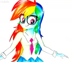 Size: 1754x1513 | Tagged: safe, artist:liaaqila, derpibooru import, rainbow dash, equestria girls, clothes, female, glasses, licking, licking lips, school uniform, solo, tongue out, traditional art