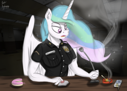 Size: 3500x2500 | Tagged: safe, artist:artistbrony, princess celestia, anthro, bread, cigarette, clothes, donut, food, police officer, princess arrestia, solo, uniform