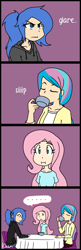 Size: 792x2446 | Tagged: safe, artist:kprovido, fluttershy, princess celestia, princess luna, human, :i, awkward, breasts, clothes, comic, delicious flat chest, dress, flattershy, glare, hoodie, humanized, no dialogue, s1 luna, tea party, teacup, unsound effect