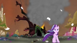 Size: 887x501 | Tagged: safe, edit, edited screencap, screencap, starlight glimmer, pony, unicorn, twilight's kingdom, badass, cool guys don't look at explosions, destroyed, destruction, fire, golden oaks library, library, ruins, solo, starlight glimmer in places she shouldn't be, walking away, windswept mane