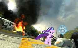 Size: 1680x1050 | Tagged: safe, starlight glimmer, pony, companion cube, cool guys don't look at explosions, explosion, portal, portal (valve), starlight glimmer in places she shouldn't be