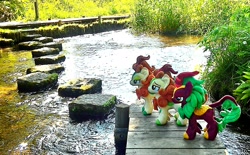 Size: 2128x1316 | Tagged: safe, artist:hihin1993, autumn blaze, cinder glow, summer flare, pony, bridge, duo, irl, japan, photo, plushie, self ponidox, water