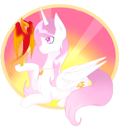 Size: 1024x1079 | Tagged: safe, artist:sylverstarstudio, philomena, princess celestia, alicorn, pony, crepuscular rays, necklace, pink-mane celestia, prone, younger