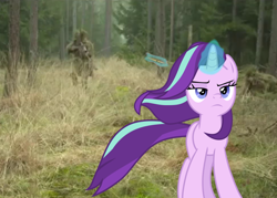 Size: 1004x719 | Tagged: safe, edit, starlight glimmer, pony, unicorn, the ending of the end, bullet, equestria daily featured, forest, irl, magic, photo, sniper, solo, starlight glimmer in places she shouldn't be