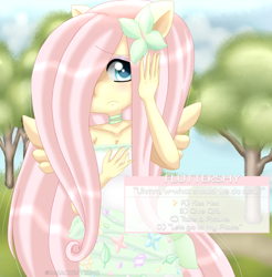 Size: 800x812 | Tagged: safe, artist:bakacreationz, fluttershy, anthro, dating sim, frown, hair over one eye, pov, solo, wings