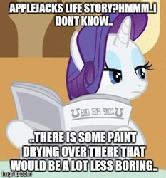 Size: 294x315 | Tagged: safe, edit, edited screencap, screencap, rarity, pony, unicorn, background pony strikes again, image macro, meme, newspaper, op is a cuck, op is trying to start shit, solo