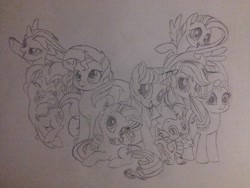 Size: 4128x3096 | Tagged: safe, artist:chief pone, derpibooru exclusive, applejack, fluttershy, pinkie pie, rainbow dash, rarity, spike, starlight glimmer, sunset shimmer, twilight sparkle, twilight sparkle (alicorn), alicorn, dragon, earth pony, pegasus, pony, unicorn, best friends, best friends until the end of time, closed mouth, cutie mark, end of an era, end of g4, end of ponies, eyes closed, flying, friendship, happy birthday mlp:fim, hat, horns, jumping, looking at you, looking back, looking back at you, lying down, mane nine, mane seven, mane six, mlp fim's ninth anniversary, monochrome, open eyes, open mouth, sitting, smiling, smiling at you, standing, together forever, traditional art, wings